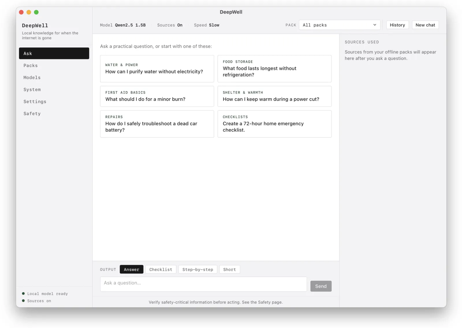 The DeepWell app on macOS, showing the Ask screen with practical example questions