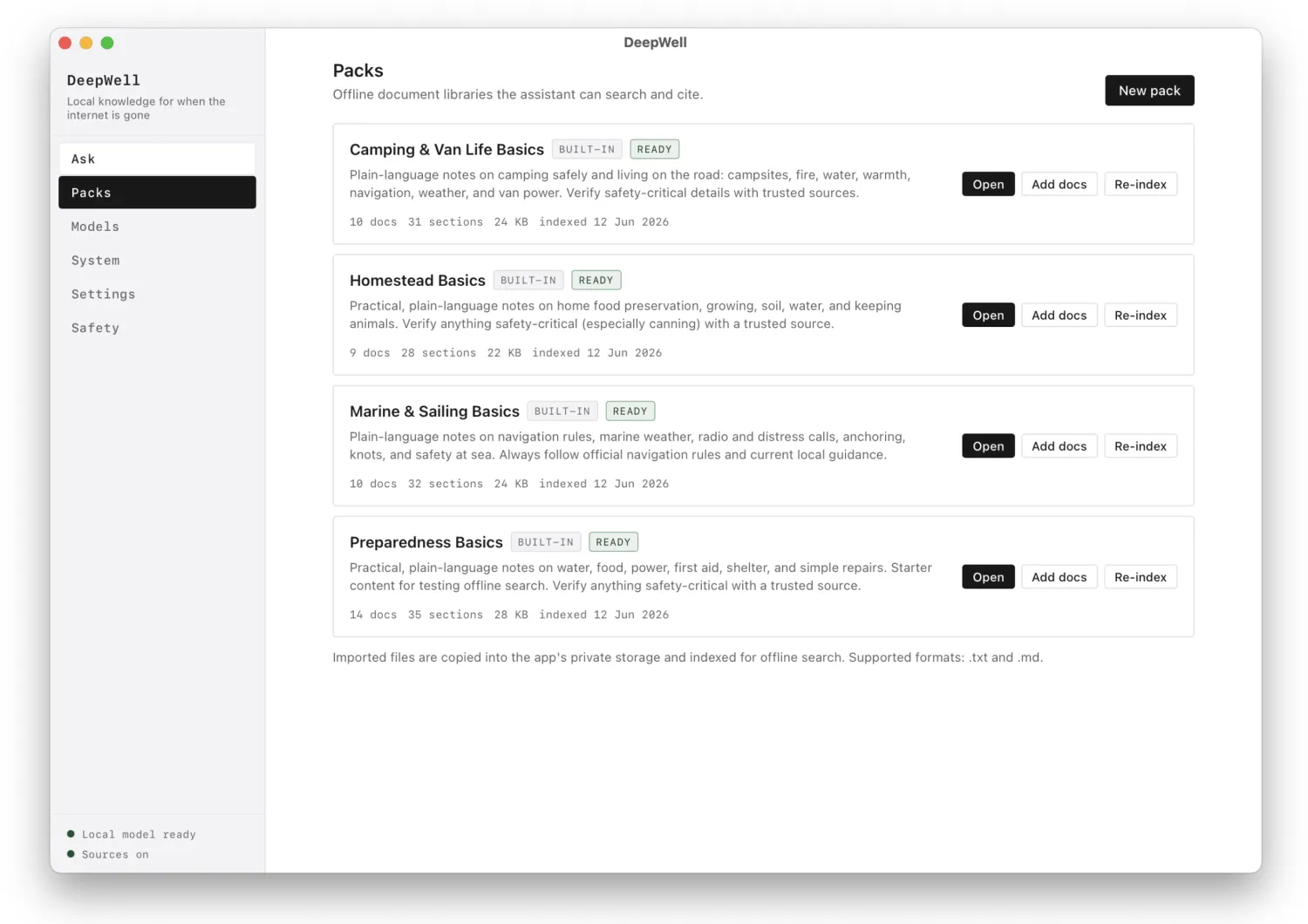 DeepWell Packs screen, listing built-in offline knowledge packs the assistant can search and cite